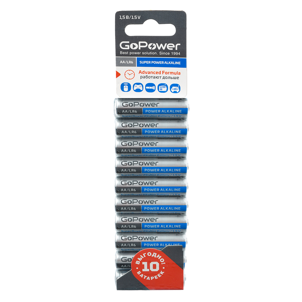 Элемент питания GoPower 00-00019863 Super Power Alkaline, AA/LR6 щелочной 1.5В, 10шт