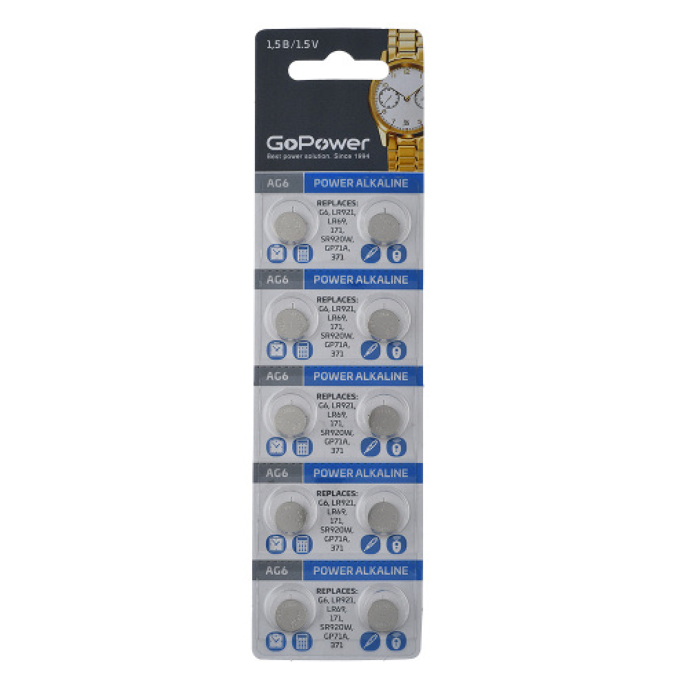 Элемент питания GoPower 00-00023153 Alkaline, G6/LR920/LR69/371A/171 1.5В, 10шт