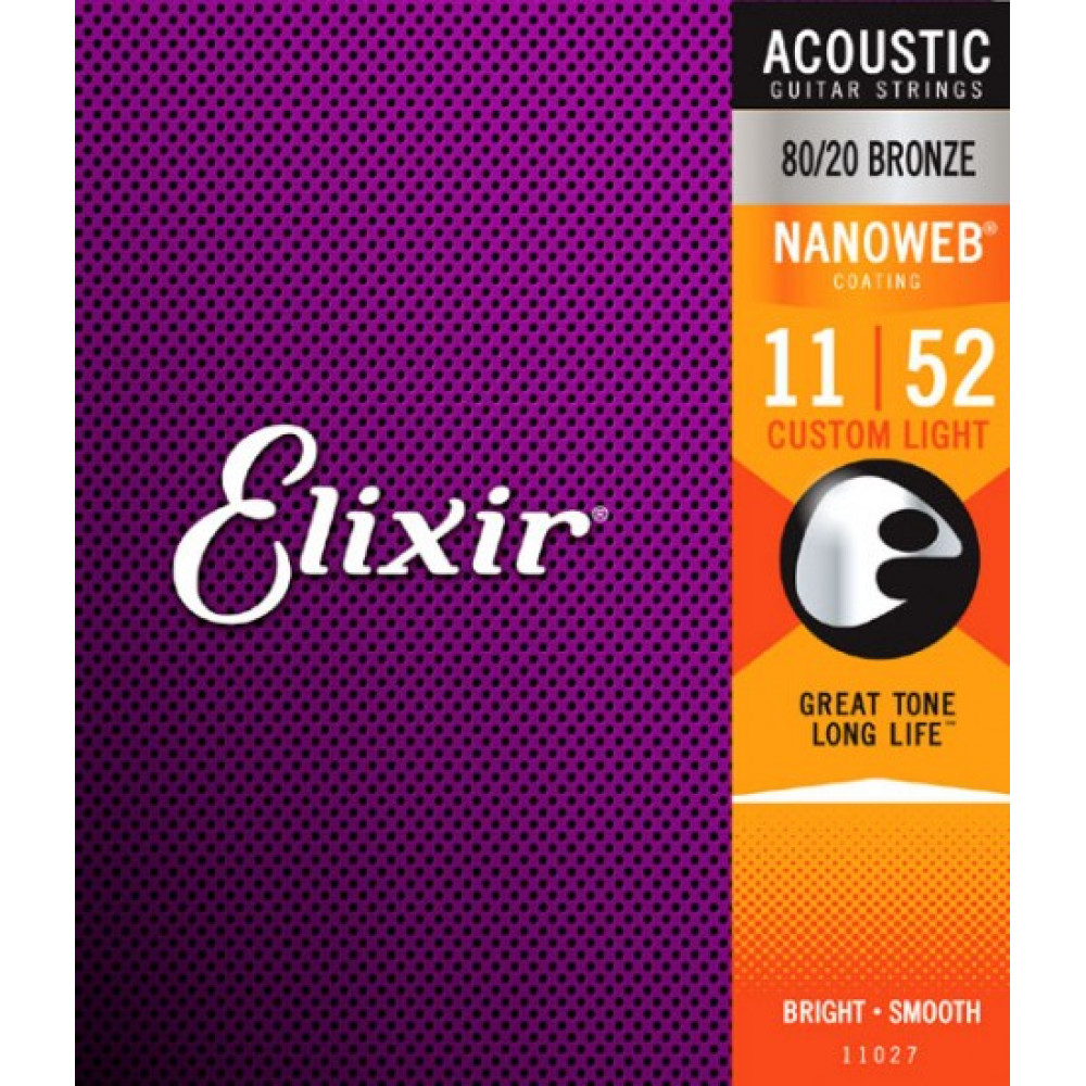 Комплект струн для акустической гитары Elixir 11027 NANOWEB, Custom Light, бронза 80/20, 11-52