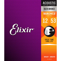 Комплект струн для акустической гитары Elixir 11052 NANOWEB, Light, бронза 80/20, 12-53