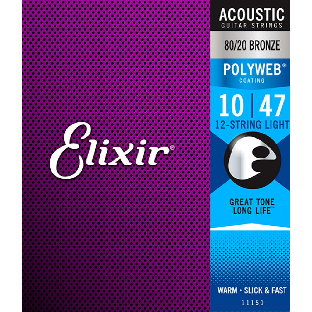 Комплект струн для 12-струнной акустической гитары Elixir 11150 POLYWEB, Light, бронза 80/20, 10-47