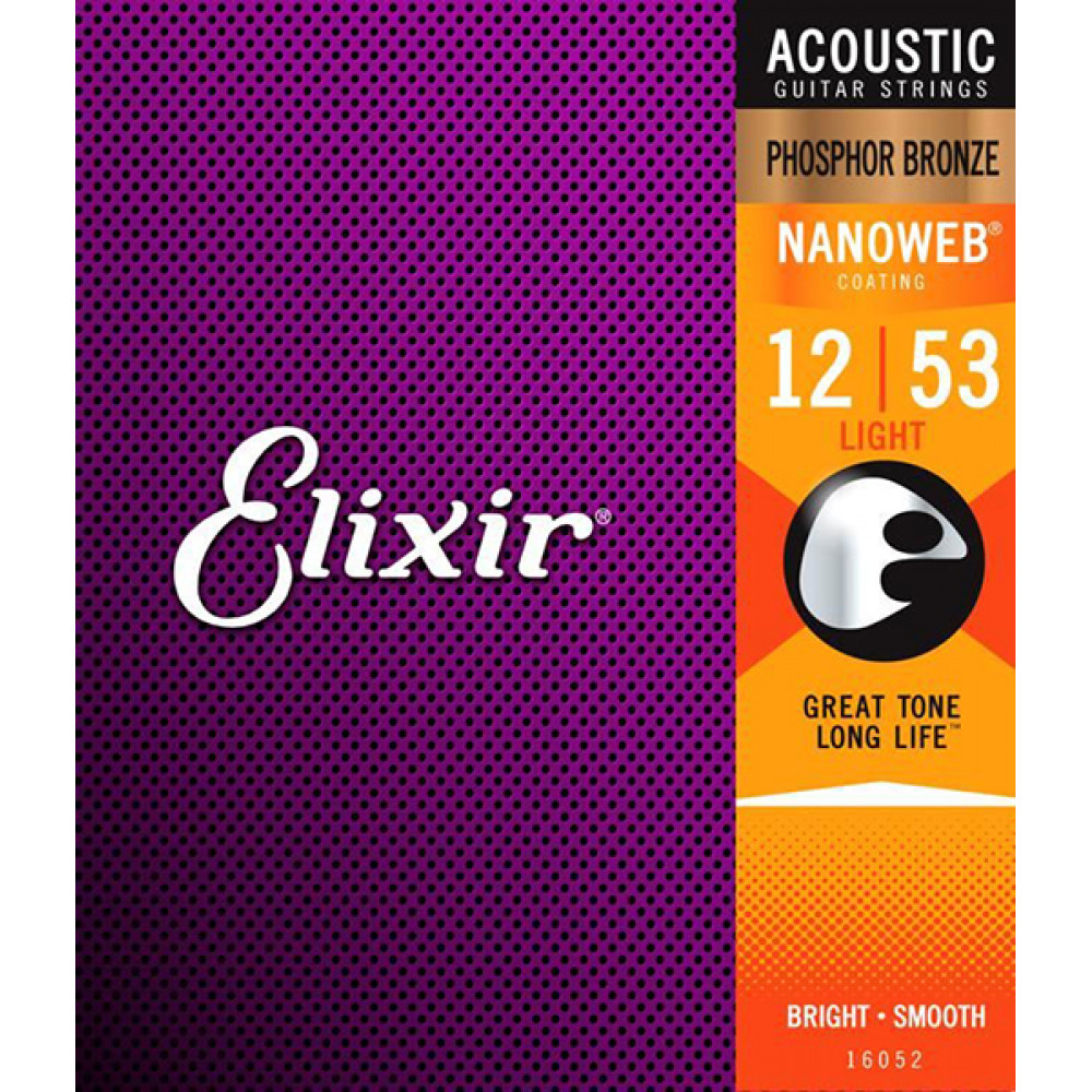 Комплект струн для акустической гитары Elixir 16052 NANOWEB, Light, фосфорная бронза, 12-53