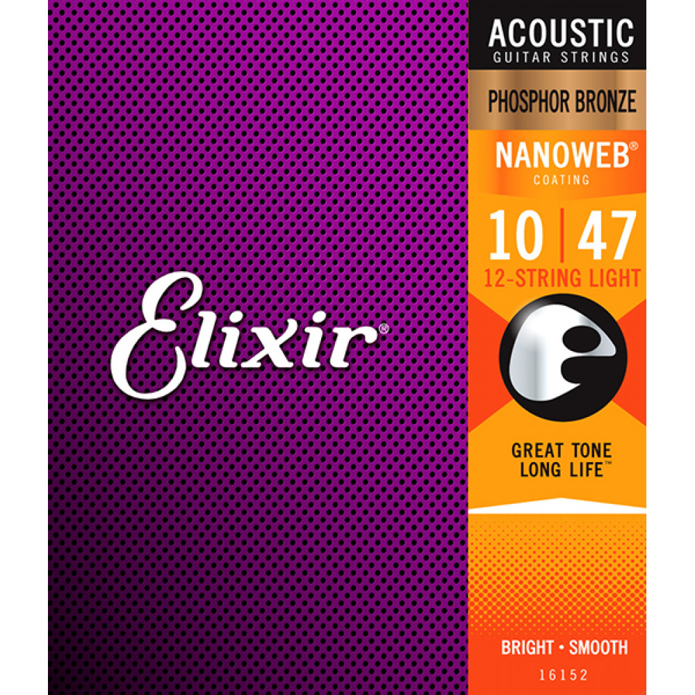 Комплект струн для 12-струнной акустической гитары Elixir 16152 NANOWEB, Light, фосф.бронза, 10-47