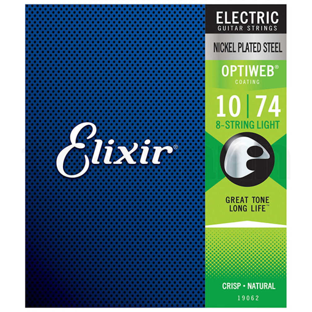 Комплект струн для 8-струнной электрогитары Elixir 19062 Optiweb, никелированная сталь, Light 10-74