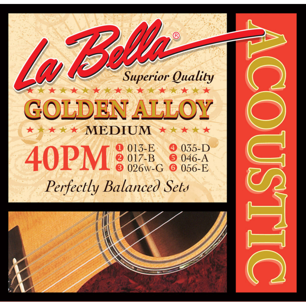 40PM Golden Alloy Комплект струн для акустической гитары, бронза 80/20, 13-56, La Bella