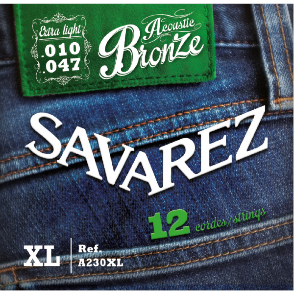 Комплект струн для 12-струнной акустической гитары Savarez A230XL, бронза 80/20, Extra Light, 10-47