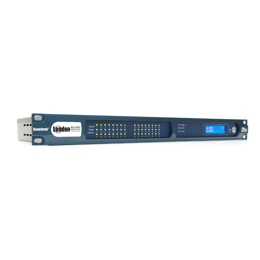 Блок расширения [BSSBLUGPX-EUFX] BSS [BLU-GPX] 36хGPI, 23хGPO. Разъёмы: Phoenix/Combicon. Вых.реле: 8х NC/NO. RS232, 2х PoE-Ethernet (RJ45), max. расстояние 100 м. 12VDC. RS232 (DB-9 male). ПО HiQnet London Architect. 1U.