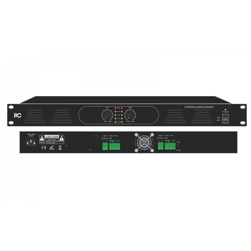 Усилитель [T-2120DSA] ITC, Двухканальный усилитель Class-D, 2х120W, 100V/4Ohm, 1U высота, управление громкостью на передней панели.