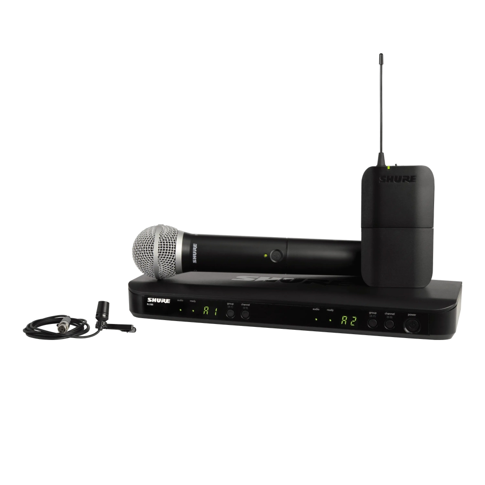 Микрофонная система SHURE [BLX1288E/CVL-M17] беспроводная, двухканальная, с ручным передатчиком PG58 и петличным микрофоном CVL-B/C. Частота UHF 662-686 МГц
