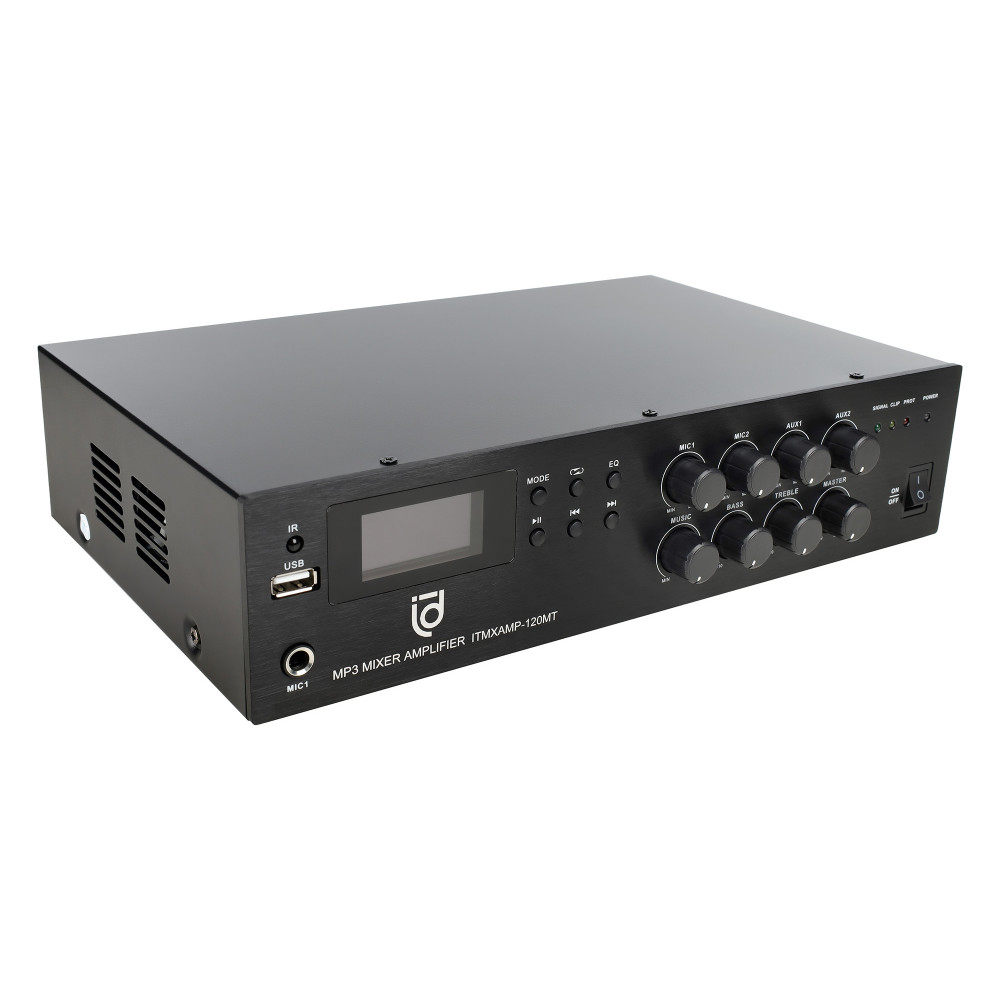 Микшер-усилитель Intrend [ITMXAMP-120MT] MP3, FM тюнер, USB, Bluetooth, 2хMic/3хLine входы, 1хLine выход,120 Вт, 4/8Ом/100V, IR-пульт в комплекте