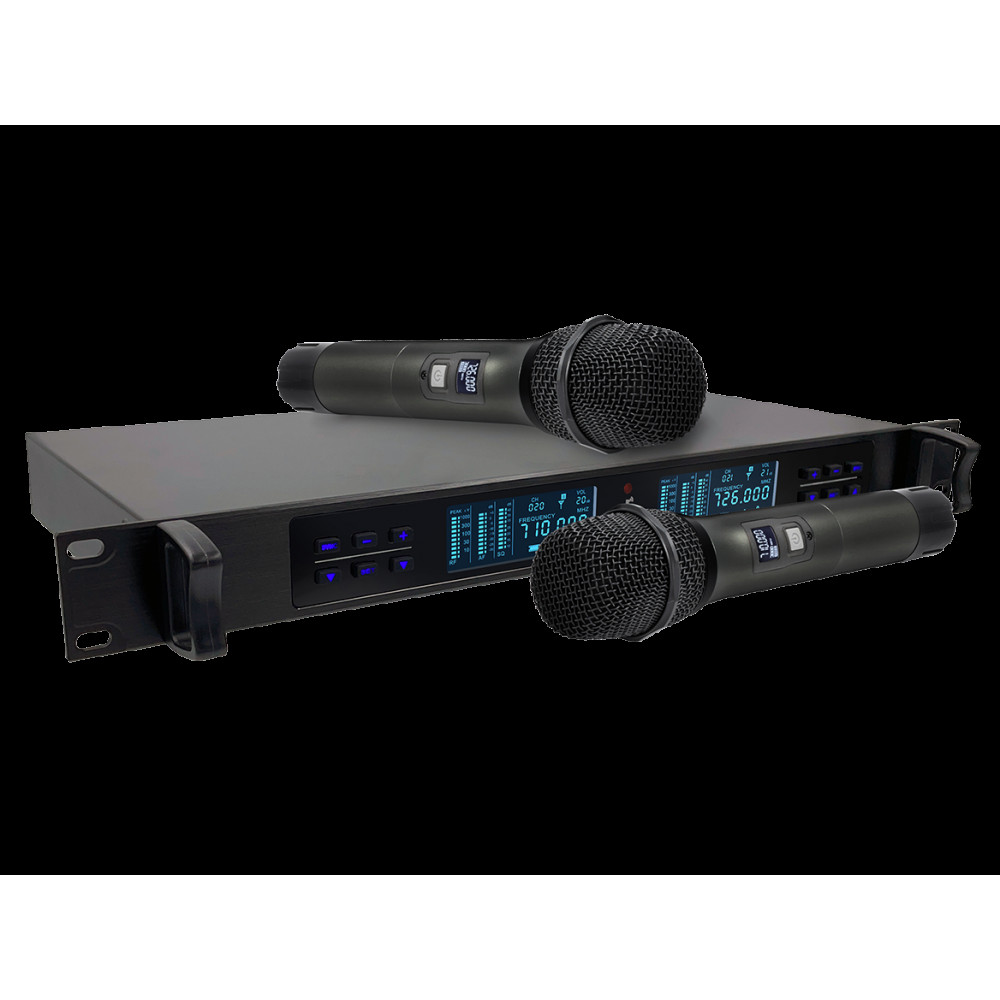 Микрофонная радиосистема Axelvox [DWS7000HT (RT Bundle)] UHF 710-726 MHz, 2 х 32 канала,LCD дисплей, 2х ИК порт, 2 ручных микрофона, 2 держателя на стойку, 2 силиконовых кольца, рэковый приемник