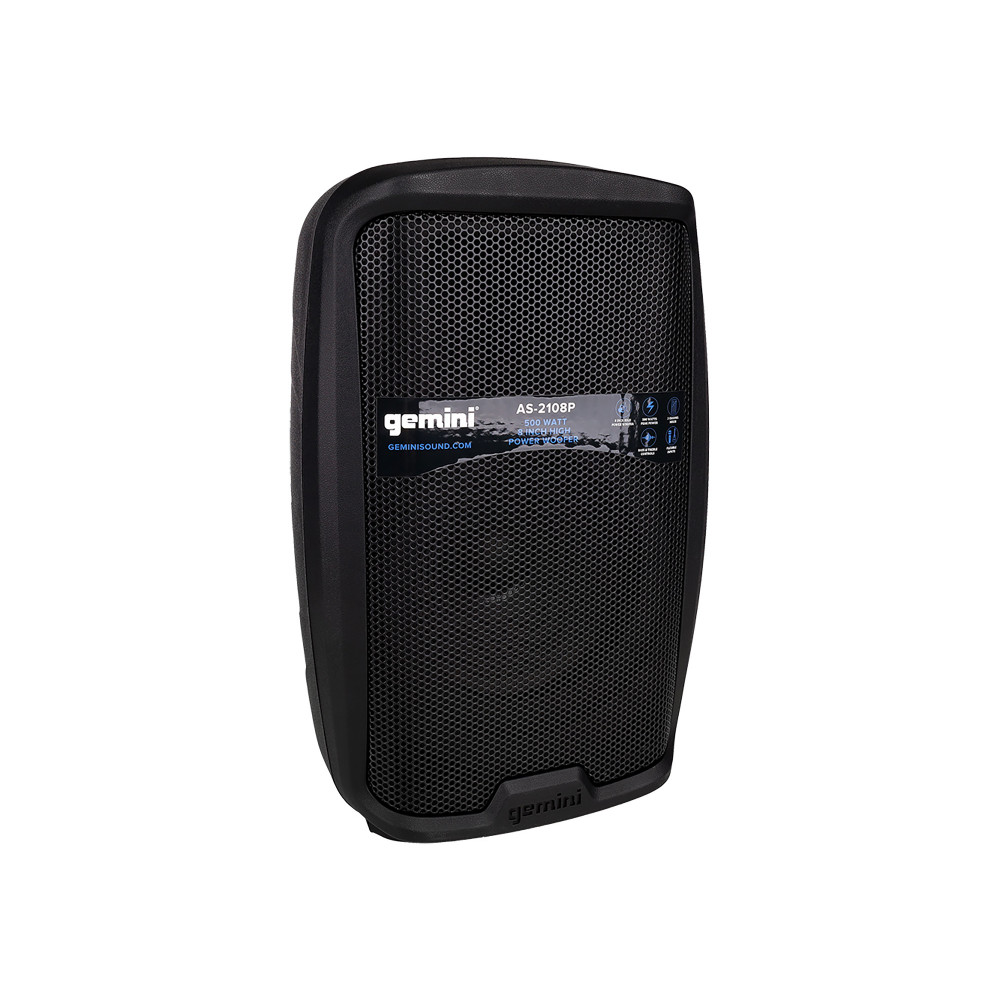 Акустическая система Gemini [AS-2108P] Активная, 2-х полосная, мощность RMS/Peak 250/500 Вт, АЧХ 60-20000 Гц, Max SPL 98 дБ, динамики: 8" НЧ, 1" ВЧ, входы: 1/8" TRS AUX, RCA (L/R) AUX, 2xXLR микрофонные, 2x1/4" линейные, выходы: XLR Mi