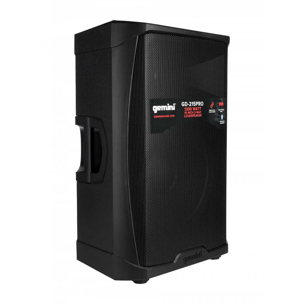 Акустическая система Gemini [GD-215PRO] Активная, 2-х полосная, мощность RMS/Peak 280/1300 Вт, Max Peak SPL 120 Вт, динамики: 15" НЧ, 1,35" ВЧ, входы: 1/8 TRS AUX, 2x 1/4" TRS, 2x XLR, 2x RCA AUX, выходы: XLR Mix Out, Bluetooth, микрофон