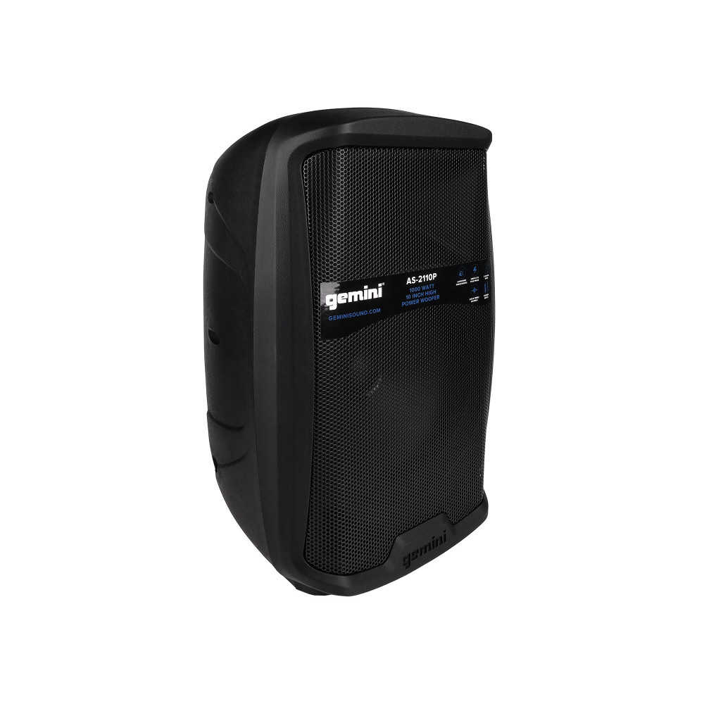 Акустическая система Gemini [AS-2110P] Активная, 2-х полосная, мощность RMS/Peak 500/1000 Вт, АЧХ 55-20000 Гц, Max SPL 100 дБ, динамики: 10" НЧ, 1" ВЧ, входы: 1/8" TRS AUX, RCA (L/R) AUX, 2xXLR микрофонные, 2x1/4" линейные, выходы: XLR