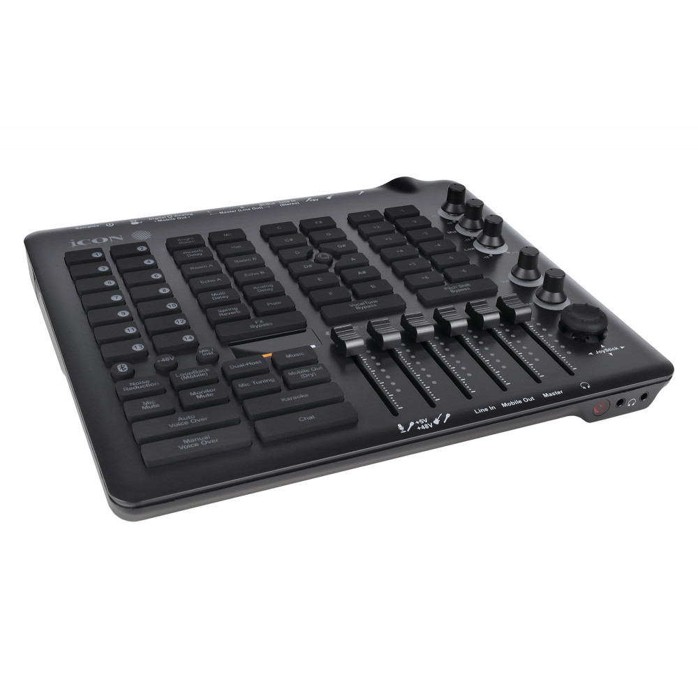 Аудиоинтерфейс USB [110312A2011] Icon [Live Console] для стримов, DSP обработка, фейдеров: 6, энкодеров: 5, дисплеи: 4, XLR микр. вход, 1/4" TRS, 1/4" TS, 1/8" Stereo mini Jack/ 2x1/4" TRS, 1/8" Stereo mini Jack, 2x1/8" Stere