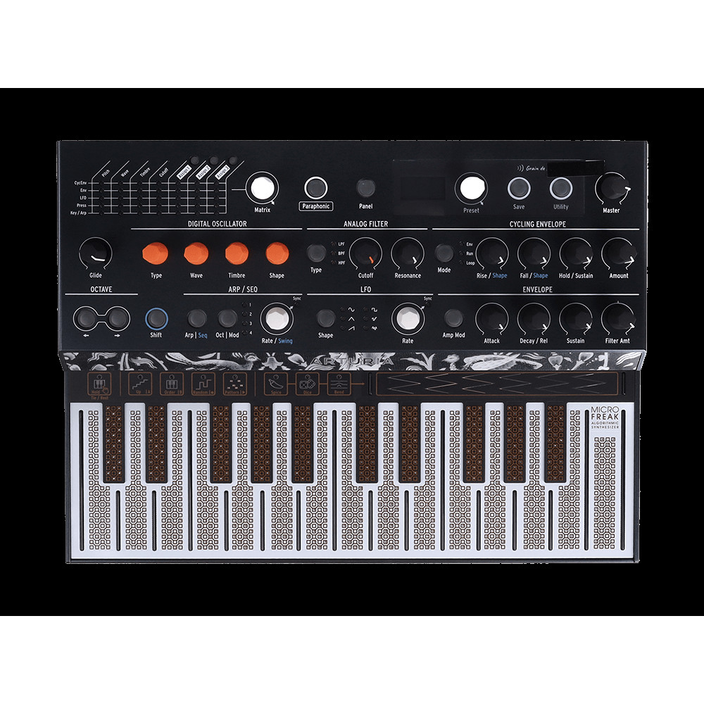 Синтезатор [570101] Arturia [MicroFreak] цифровой аппаратный, 25 клавиш с поддержкой полифонического касания, цифровым осциллятором и аналоговым фильтром Oberheim SEM, CV/Gate/Mod выходы, Cloc IN/OUT, MIDI IN/OUT, выход TRS, выход для наушников, USB