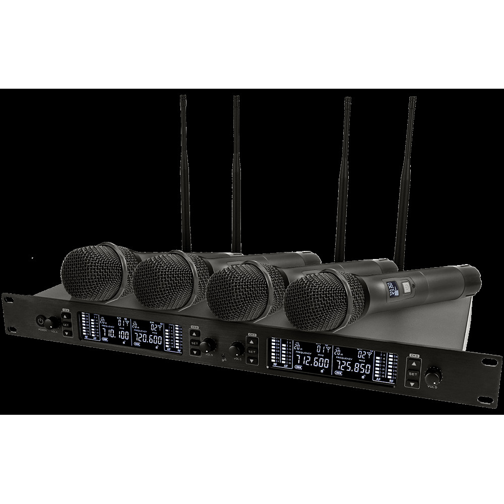 Микрофонная радиосистема Axelvox [DWS7000HT(FCBundle)] UHF 710-726 MHz, 4 x 16 каналов,LCD дисплей, 4х ИК порт, 4 ручных микрофона, 4 силиконовых кольца