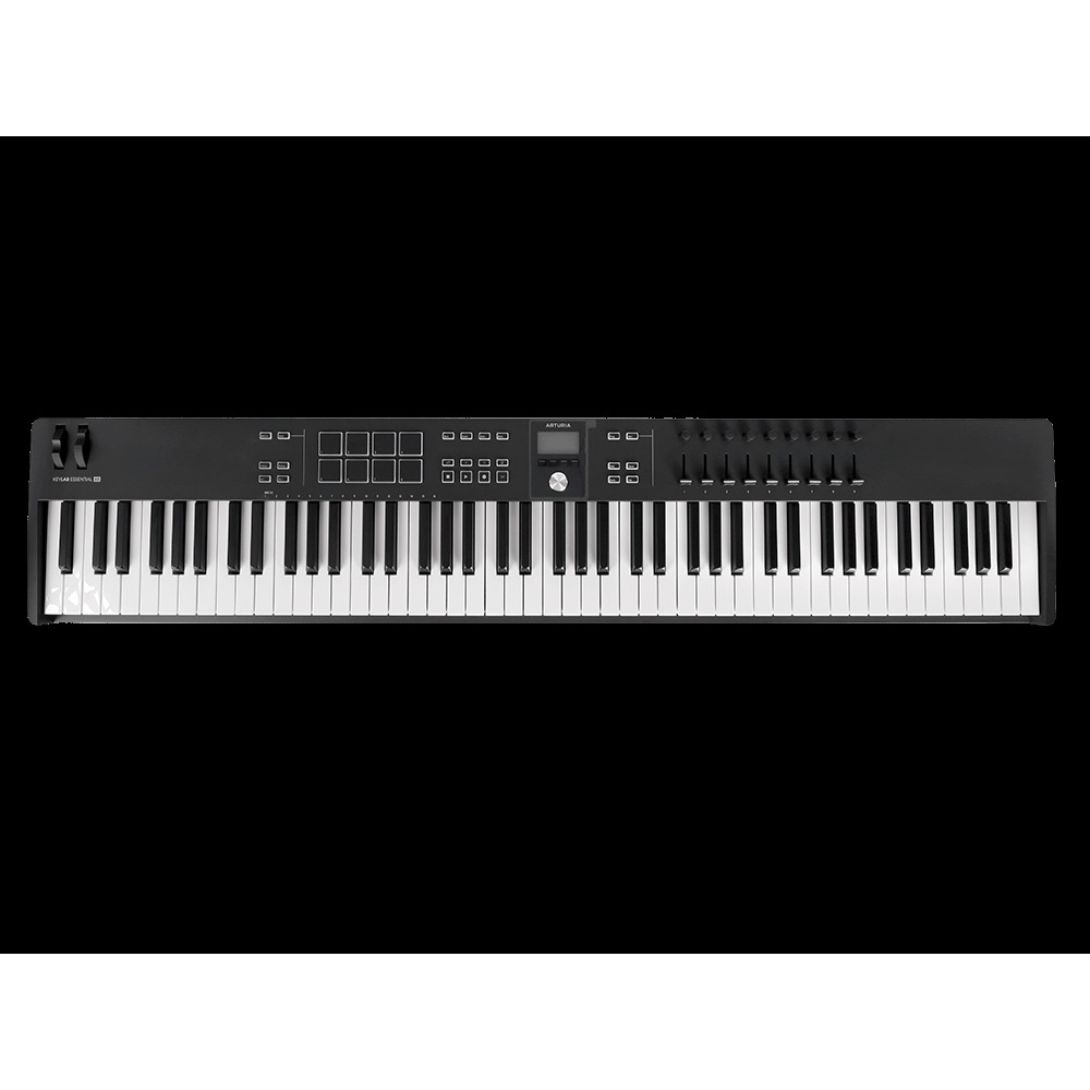 MIDI клавиатура [231542] Arturia [KeyLab Essential 88 mk3 Black] 88 клавиш, LCD дисплей, 9 энкодеров, 8 пэдов, 9 фейдеров, 12 кнопок управления, колеса высоты тона и модуляции, 1/4" Jack вход для педали, MIDI выход, Type-C