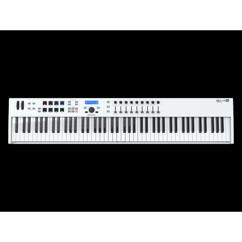 MIDI клавиатура [231541] Arturia [KeyLab Essential 88 mk3 White] 88 клавиш, LCD дисплей, 9 энкодеров, 8 пэдов, 9 фейдеров, 12 кнопок управления, колеса высоты тона и модуляции, 1/4" Jack вход для педали, MIDI выход, Type-C