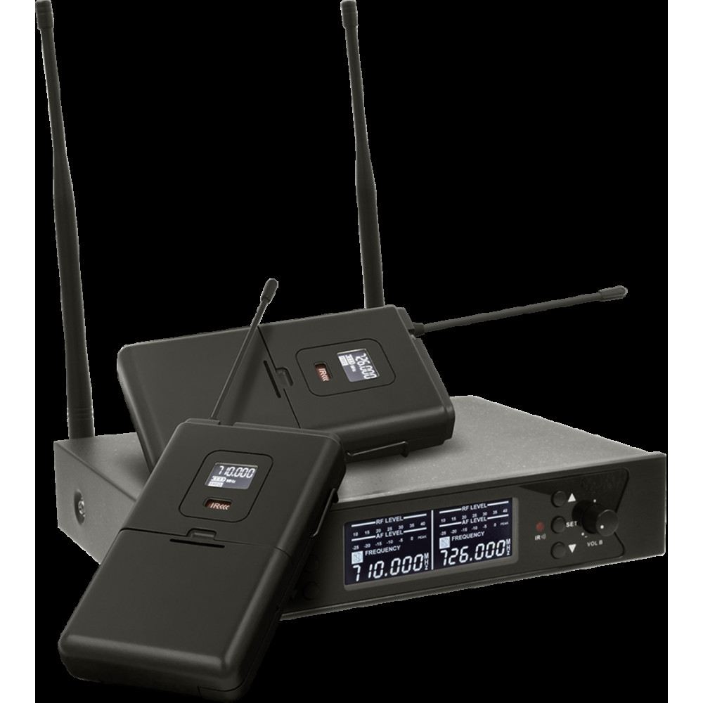 Микрофонная радиосистема Axelvox [DWS7000HT (LT Bundle)] UHF 710-726 MHz, 2 x 32 канала, LCD дисплей, 2х ИК порт, 2x поясных передатчика, 2x головной микрофон, 2x петличный микрофон