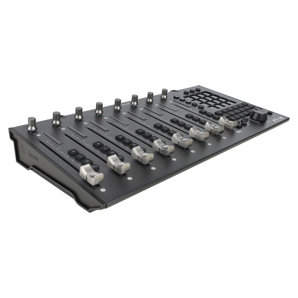 MIDI контроллер [110205A2022] Icon [P1-M] DAW контроллер, ARM процессор Cortex-M7 500 МГц, 8 моторизованных фейдеров, программируемый 4" цифровой сенсорный дисплей, 8 12-сегментных LED индикаторов каналов, Jog Wheel, Mackie Control, HUI, USB-C