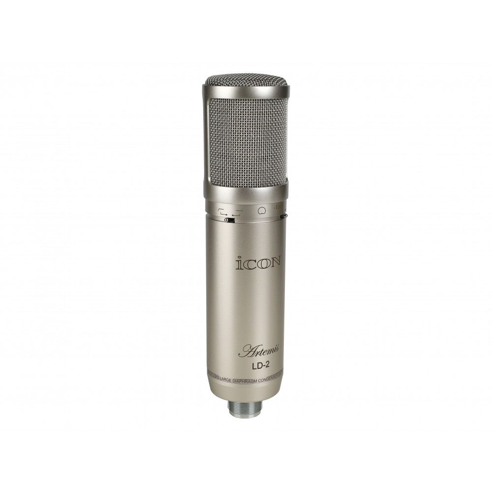Микрофон конденсаторный Icon [Artemis LD-2] студийный, диаграмма направленности Cardioid, частотный диапазон 20-18000 Гц, чувствительность 23,3 мВ/Па, сопротивление 200 Ом, SPL 126 дБ, S/N 83,7 дБ, питание + 48 В, эластичный подвес, кейс, цвет металлик