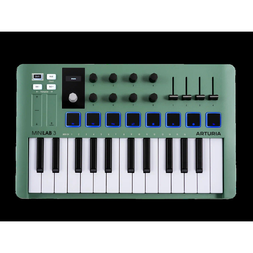 MIDI клавиатура [231506] Arturia [MiniLAB 3 Mint Edition] 25 клавиш, 8 энкодеров, 8 RGB пэдов, 8 фейдеров, дисплей, сенсорные регуляторы Pitch/Modulation, MIDI-выход, 1/4" Jack вход педали, режим Chord, арпеджиатор, USB-C