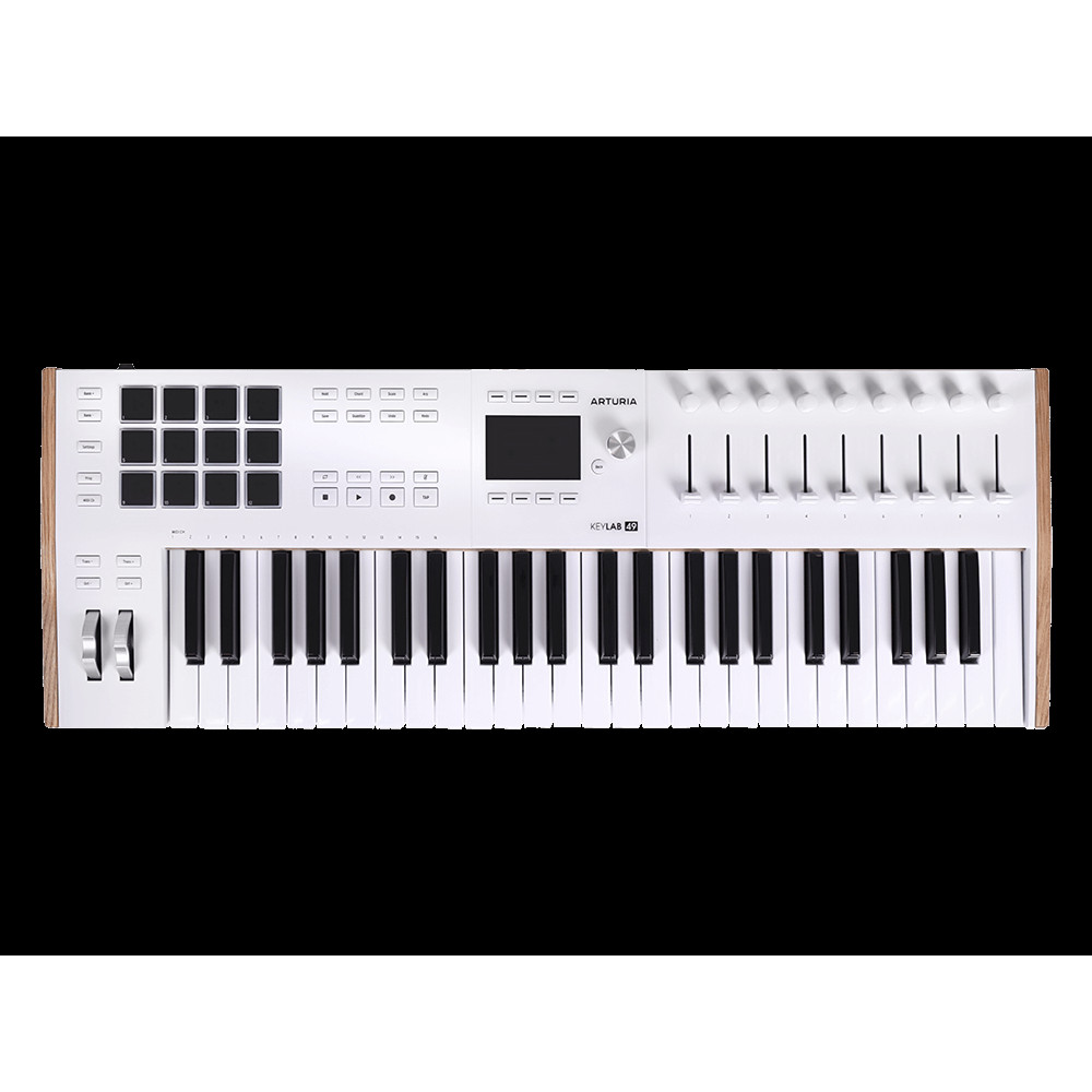 MIDI клавиатура [231621] Arturia [KeyLAB 49 MK3 White] 49 клавиш, полувзвешенная механика, дисплей, 12 пэдов, 9 фейдеров, 9 поворотных регуляторов, 3 входа для подключения педалей, MIDI in/out, USB-C