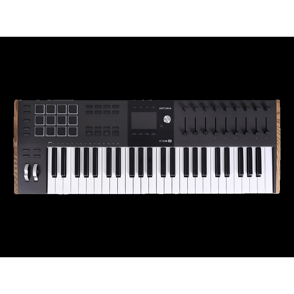 MIDI клавиатура [231622] Arturia [KeyLAB 49 MK3 Black] 49 клавиш, полувзвешенная механика, дисплей, 12 пэдов, 9 фейдеров, 9 поворотных регуляторов, 3 входа для подключения педалей, MIDI in/out, USB-C