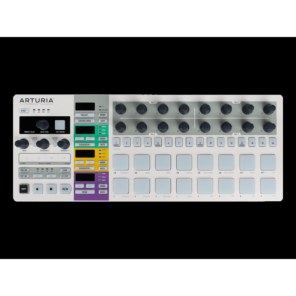 MIDI контроллер (Микшер-семплер (контроллер)) [430111] Arturia [BeatStep Pro] 2 независимых монофонических 64-шаговых мелодических секвенсора, 16-трековый секвенсор ударных, 16 проектов, в каждом 16х2 sequences, 16 drum sequences, CV/GATE выходы, 8 Drum