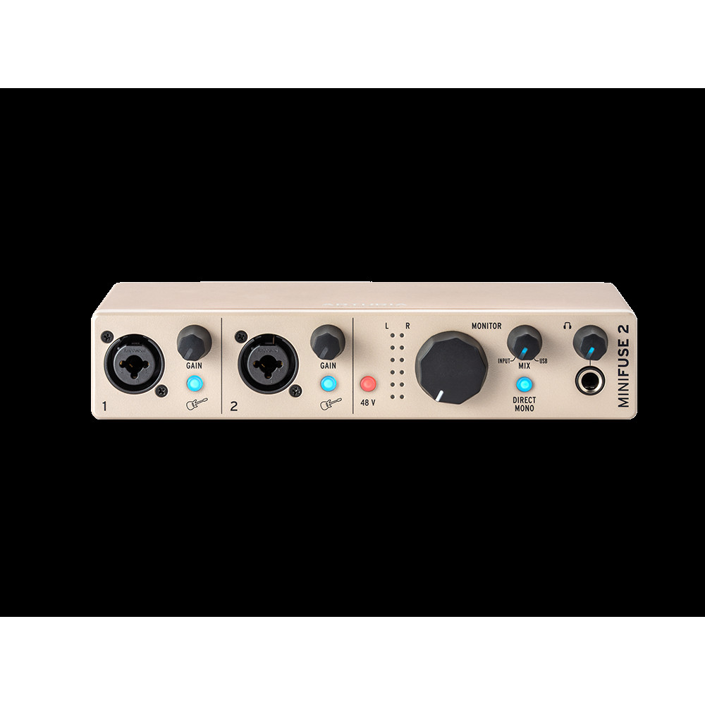 Аудиоинтерфейс USB [800122] Arturia [MiniFuse 2 Champagne] 24бит/192кГц, два комбинированных входа XLR-1/4 (микрофонный / линейный / инструментальный уровень) с фантомным питанием +48 В, выходы на монитор (L/R Jack), выход для наушников, MIDI In/Out