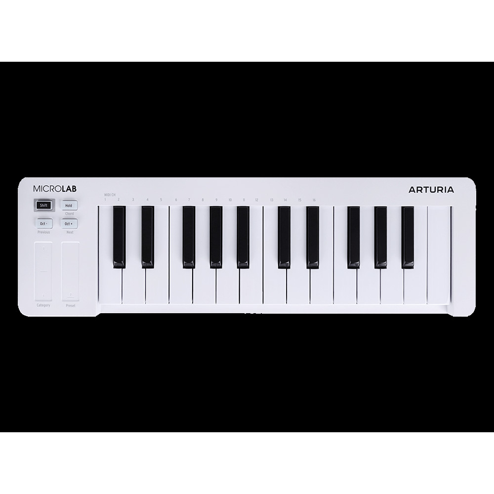 MIDI клавиатура [231511] Arturia [MicroLab 3 White] 25 клавиш, чувствительных к скорости нажатия, сенсорные полосы pitch и modulation, режим игры аккордами, разъем для подключения педали, type-c, ПО: Analog Lab Intro, Ableton Live Lite. Цвет - белый.