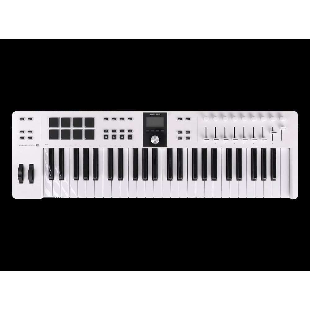 MIDI клавиатура [231521] Arturia [KeyLab Essential 49 mk3 White] 49 клавиш, LCD дисплей, 9 энкодеров, 8 пэдов, 9 фейдеров, 12 кнопок управления, колеса высоты тона и модуляции, 1/4" Jack вход для педали, MIDI выход, Type-C