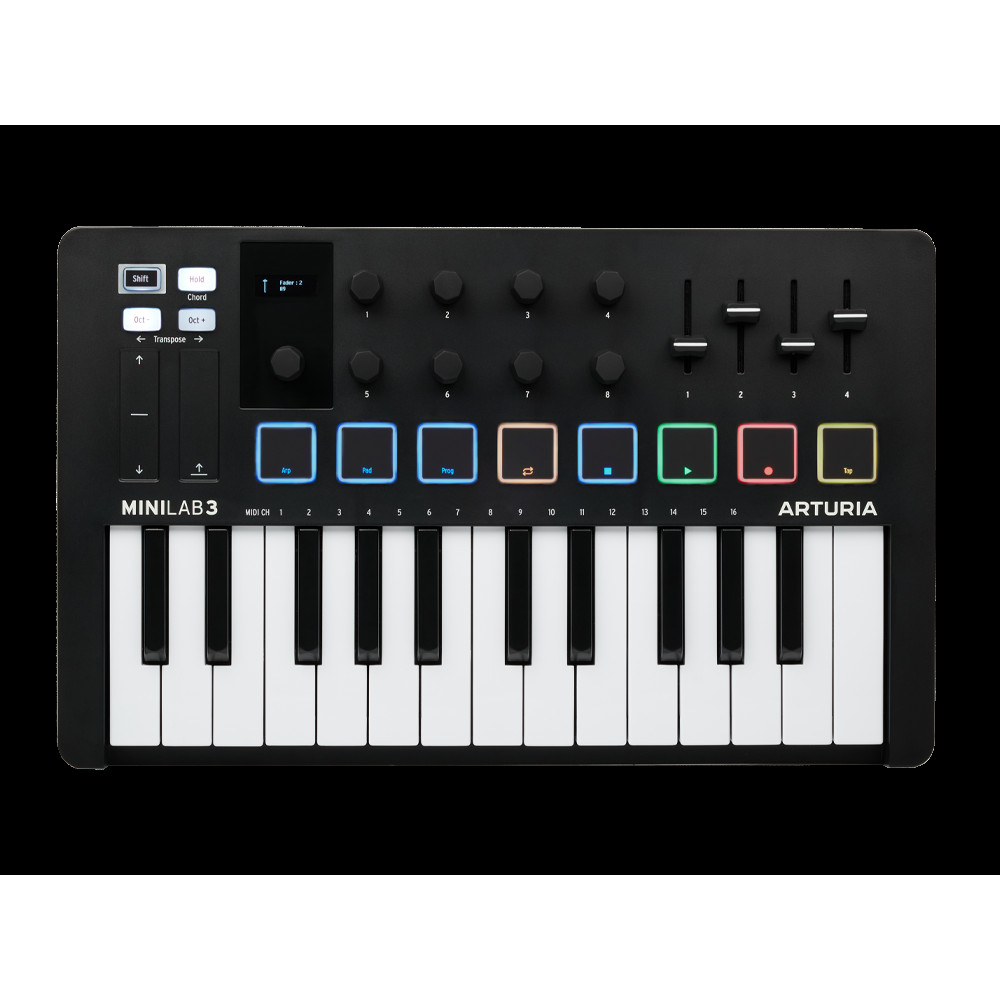 MIDI клавиатура [231502] Arturia [MiniLAB 3 Black Edition] 25 клавиш, 8 энкодеров, 8 RGB пэдов, 8 фейдеров, дисплей, сенсорные регуляторы Pitch/Modulation, MIDI-выход, 1/4" Jack вход педали, режим Chord, арпеджиатор, USB-C