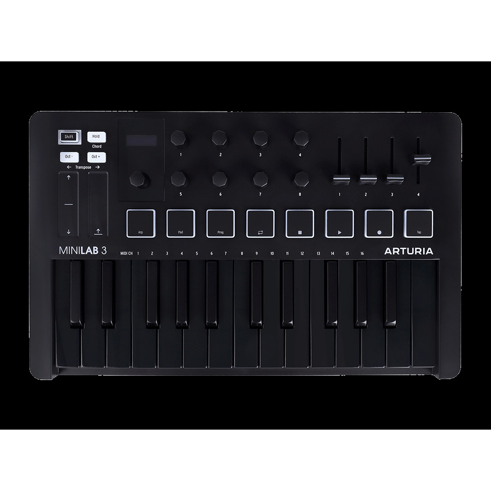 MIDI клавиатура [231503] Arturia [MiniLAB 3 Deep Black] 25 клавиш, 8 энкодеров, 8 RGB пэдов, 8 фейдеров, дисплей, сенсорные регуляторы Pitch/Modulation, MIDI-выход, 1/4" Jack вход педали, режим Chord, арпеджиатор, USB-C