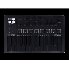 MIDI клавиатура [231503] Arturia [MiniLAB 3 Deep Black] 25 клавиш, 8 энкодеров, 8 RGB пэдов, 8 фейдеров, дисплей, сенсорные регуляторы Pitch/Modulation, MIDI-выход, 1/4" Jack вход педали, режим Chord, арпеджиатор, USB-C