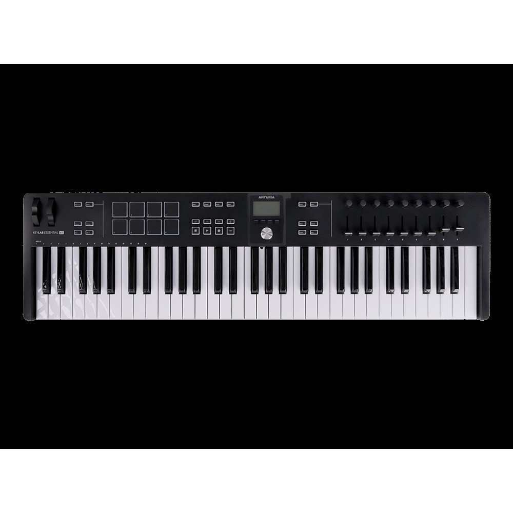 MIDI клавиатура [231532] Arturia [KeyLab Essential 61 mk3 Black] 61 клавиша, LCD дисплей, 9 энкодеров, 8 пэдов, 9 фейдеров, 12 кнопок управления, колеса высоты тона и модуляции, 1/4" Jack вход для педали, MIDI выход, Type-C