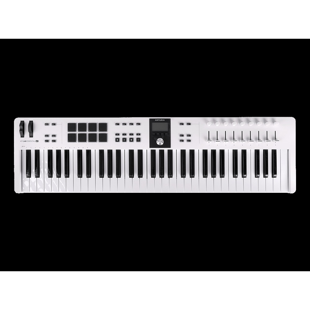 MIDI клавиатура [231531] Arturia [KeyLab Essential 61 mk3 White] 61 клавиша, LCD дисплей, 9 энкодеров, 8 пэдов, 9 фейдеров, 12 кнопок управления, колеса высоты тона и модуляции, 1/4" Jack вход для педали, MIDI выход, Type-C