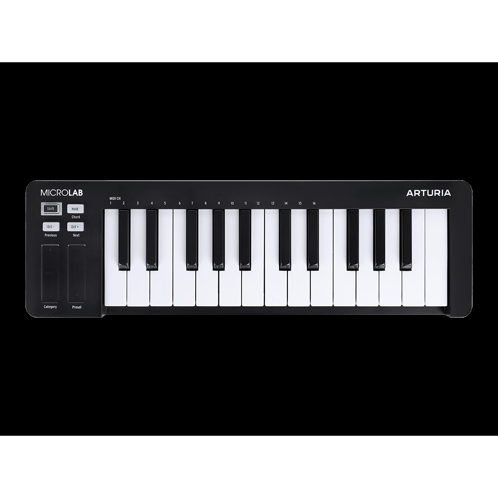 MIDI клавиатура [231512] Arturia [MicroLab 3 Black] 25 клавиш, чувствительных к скорости нажатия, сенсорные полосы pitch и modulation, режим игры аккордами, разъем для подключения педали, type-c, ПО: Analog Lab Intro, Ableton Live Lite. Цвет - черный.
