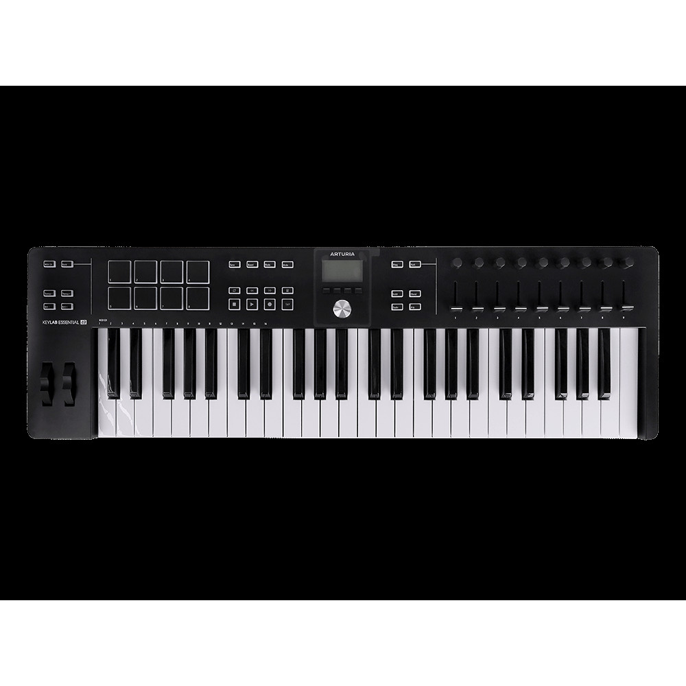 MIDI клавиатура [231522] Arturia [KeyLab Essential 49 mk3 Black] 49 клавиш, LCD дисплей, 9 энкодеров, 8 пэдов, 9 фейдеров, 12 кнопок управления, колеса высоты тона и модуляции, 1/4" Jack вход для педали, MIDI выход, Type-C