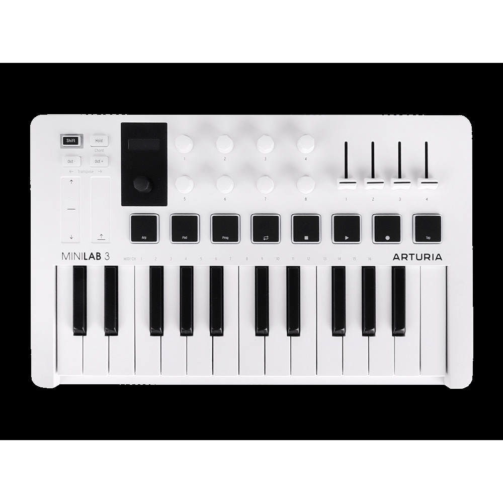 MIDI клавиатура [231501] Arturia [MiniLAB 3] 25 клавиш, 8 энкодеров, 8 RGB пэдов, 8 фейдеров, дисплей, сенсорные регуляторы Pitch/Modulation, MIDI-выход, 1/4" Jack вход педали, режим Chord, арпеджиатор, USB-C
