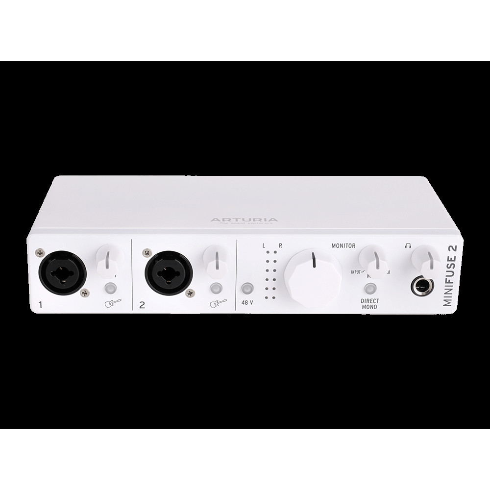 Аудиоинтерфейс USB [800112] Arturia [MiniFuse 2 White] 24бит/192кГц, два комбинированных входа XLR-1/4 (микрофонный / линейный / инструментальный уровень) с фантомным питанием +48 В, выходы на монитор (L/R Jack), выход для наушников, MIDI In/Out