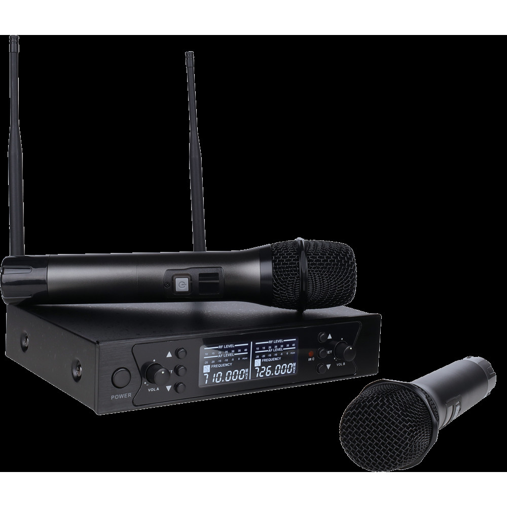 Микрофонная радиосистема Axelvox [DWS7000HT (HT Bundle)] UHF 710-726 MHz, 2 х 32 канала,LCD дисплей, 2х ИК порт, 2 ручных микрофона, 2 держателя на стойку, 2 силиконовых кольца.