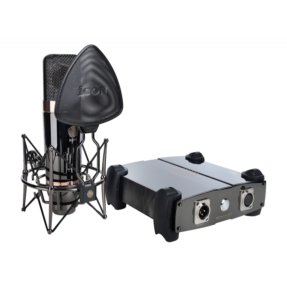 Микрофон ламповый Icon [Space 67] студийный, дифрагма 34 мм, диаграммы Cardioid, Omnidirectional, Figure 8, частотный диапазон 20-20000 Гц, сопротивление 200 Ом, SPL 124 дБ, питание + 48 В, эластичный подвес, поп-фильтр, блок питания, кейс