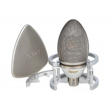 Микрофон конденсаторный Icon [Cocoon] студийный, диаграмма направленности Cardioid, частотный диапазон 20-20000 Гц, чувствительность 21 мВ/Па, сопротивление 50 Ом, SPL 138 дБ, S/N 85 дБ, питание + 48 В, эластичный подвес, кейс, цвет серебристый