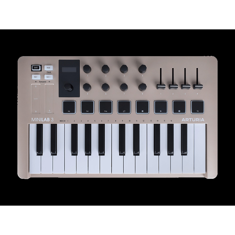 MIDI клавиатура [231508] Arturia [MiniLAB 3 Champagne] 25 клавиш, 8 энкодеров, 8 RGB пэдов, 8 фейдеров, дисплей, сенсорные регуляторы Pitch/Modulation, MIDI-выход, 1/4" Jack вход педали, режим Chord, арпеджиатор, USB-C