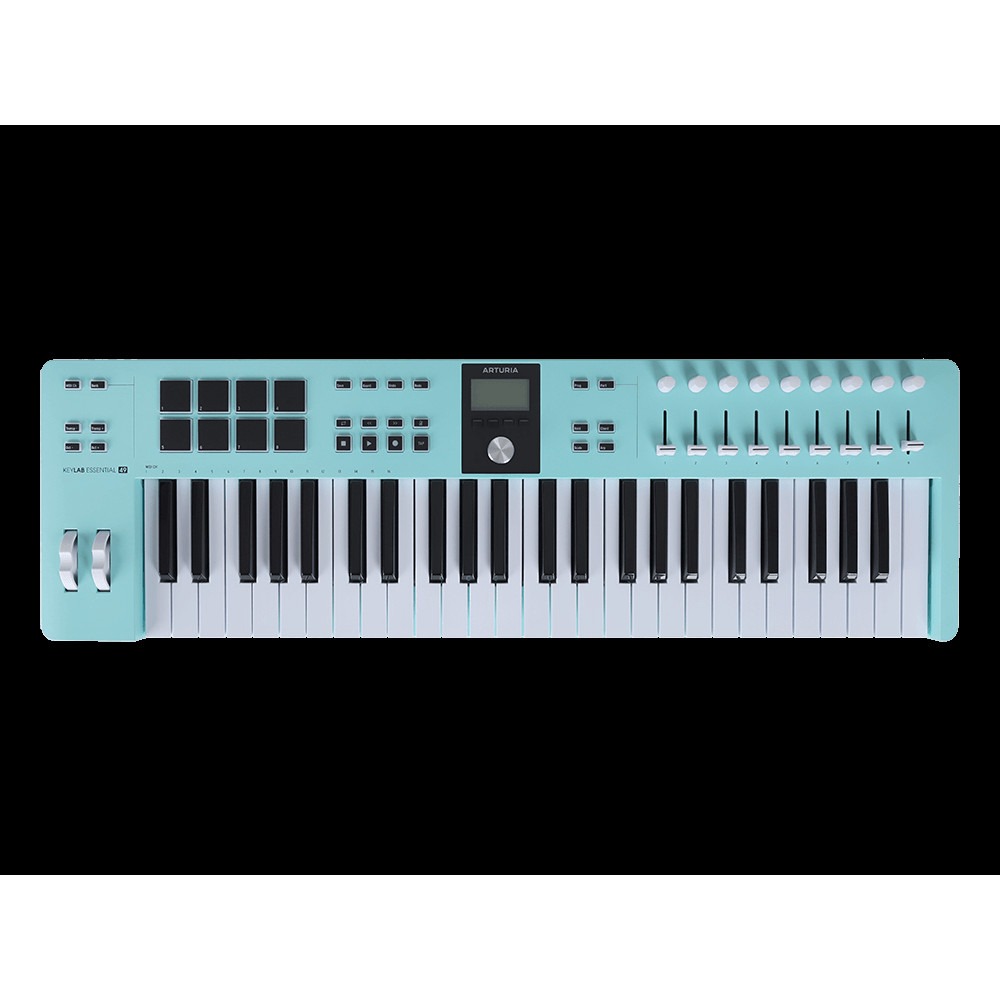 MIDI клавиатура [231524] Arturia [KeyLab Essential 49 mk3 Aquamarine] 49 клавиш, LCD дисплей, 9 энкодеров, 8 пэдов, 9 фейдеров, 12 кнопок управления, колеса высоты тона и модуляции, 1/4" Jack вход для педали, MIDI выход, Type-C