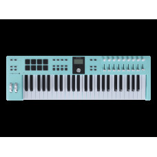 MIDI клавиатура [231524] Arturia [KeyLab Essential 49 mk3 Aquamarine] 49 клавиш, LCD дисплей, 9 энкодеров, 8 пэдов, 9 фейдеров, 12 кнопок управления, колеса высоты тона и модуляции, 1/4" Jack вход для педали, MIDI выход, Type-C