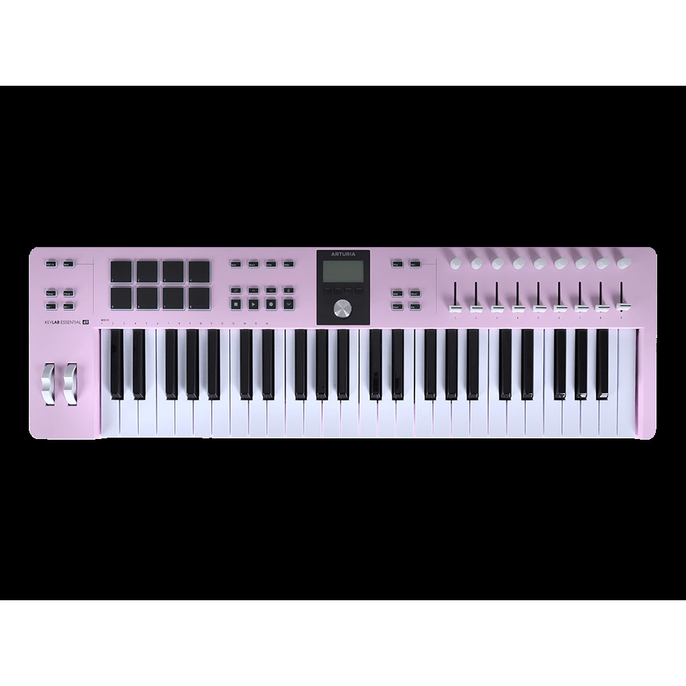 MIDI клавиатура [231525] Arturia [KeyLab Essential 49 mk3 Rose Quartz] 49 клавиш, LCD дисплей, 9 энкодеров, 8 пэдов, 9 фейдеров, 12 кнопок управления, колеса высоты тона и модуляции, 1/4" Jack вход для педали, MIDI выход, Type-C
