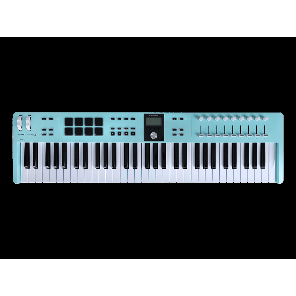 MIDI клавиатура [231534] Arturia [KeyLab Essential 61 mk3 Aquamarine] 61 клавиша, LCD дисплей, 9 энкодеров, 8 пэдов, 9 фейдеров, 12 кнопок управления, колеса высоты тона и модуляции, 1/4" Jack вход для педали, MIDI выход, Type-C